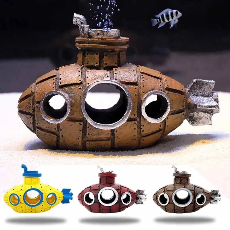 Aquarium Fish Cartoon - ของตกแต่งเรซิ่นรูปเรือดำน้ำสำหรับตู้ปลา ตกแต่งตู้ปลา ที่หลบภัยสำหรับปลา กุ้ง ถ้ำ ตกแต่งภูมิทัศน์