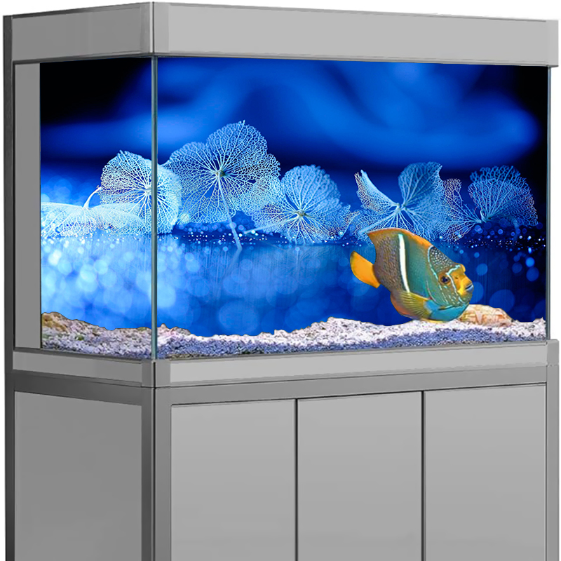 Aquarium Fish Poster - สติ๊กเกอร์ตกแต่งตู้ปลา พื้นหลังตู้ปลา ลายดอกไม้สีฟ้า โปสเตอร์ตกแต่งพื้นหลังตู้ปลา PVC อุปกรณ์ตกแต่งตู้ปลา